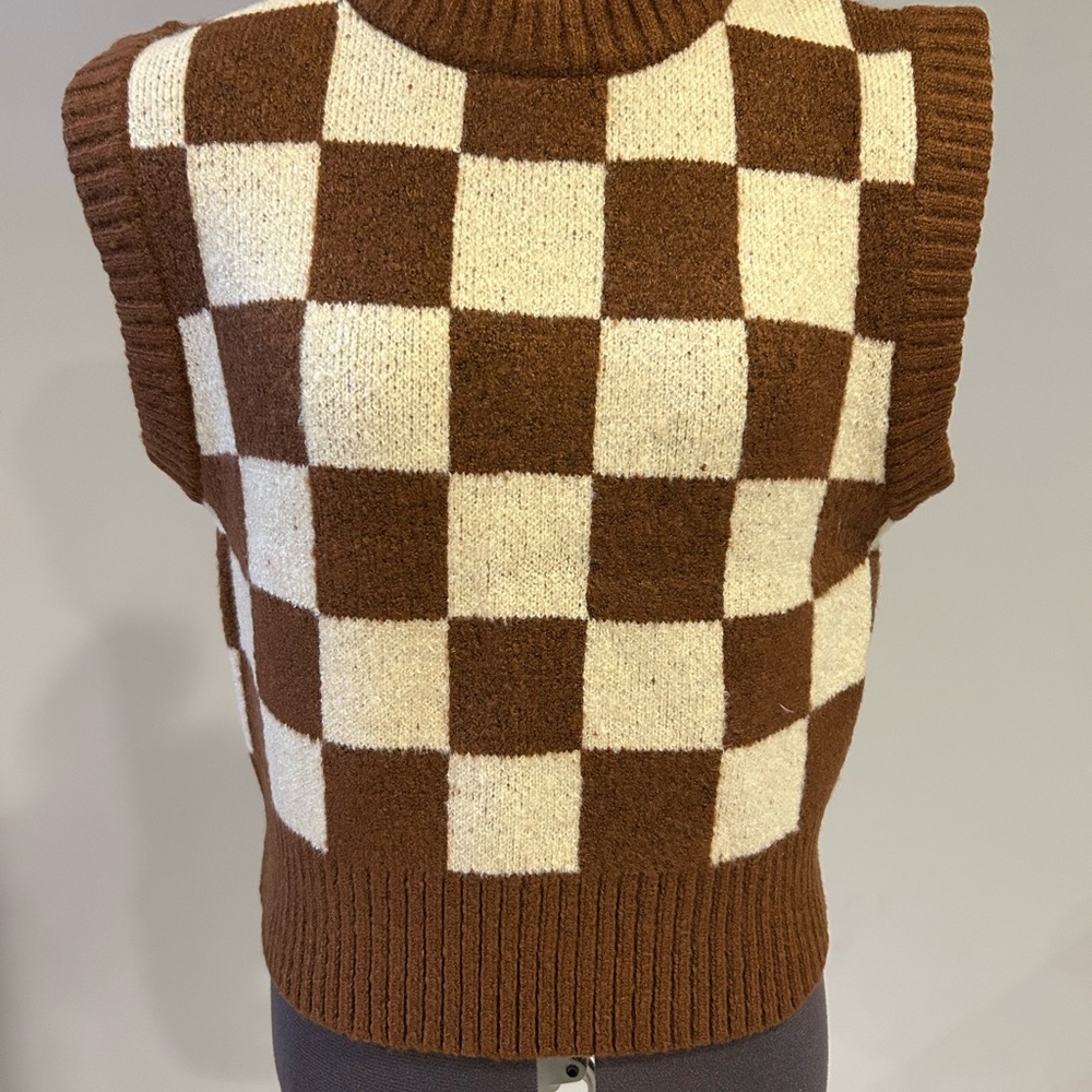 Brown and White Checkered Sweater Vest